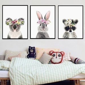 Nursery Wall Art Girls Bedroom Decor Bunny Rabbit Pictures Print Animal Watercolour Flower Canvas Painting Posters for Kids Room