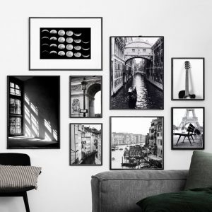 Paris Venice Window Guitar Moon Wall Art Canvas Painting Black White Nordic Posters And Prints Wall Pictures For Living Room Bar