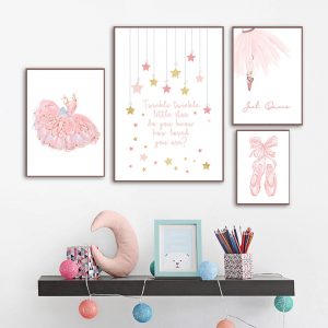 Pink Dress Canvas Print Nursery Wall Art Nordic Poster Painting Girl Ballet Poster Cartoon Wall Pictures Bedroom Baby Room Decor
