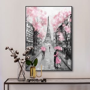 Pink Romantic City Couple Paris Eiffel Tower Landscape Oil Painting on Canvas Poster Print Wall Picture for Living Room Cuadros