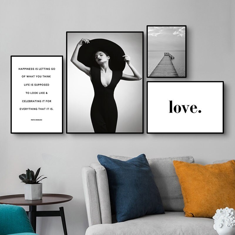 Quote-Canvas-Painting-Nordic-Girl-Poster-Landscape-Scenery-Art-Wall-Print-Scandinavian-Black-White-Wooden-Bridge-1.jpg