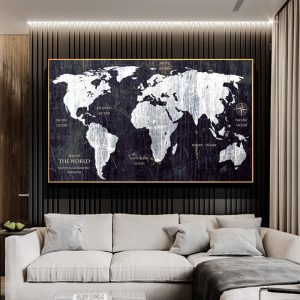 RELIABLI ART World Map Black and White Pictures Classic Style Canvas Painting Wall Abstract Art Modern Home Decoration Frameless