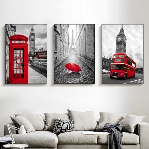 Red Bus Black White Paris London Posters and Prints Canvas Paintings Telephone Booth Art Wall Pictures for Living Room Decor