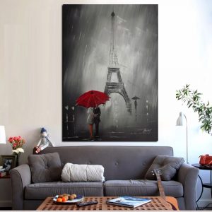 Red Umbrella Romantic Paris City Eiffel Tower Oil Painting HD Print on Canvas Poster Wall Picture for Living Room Sofa Cuadros