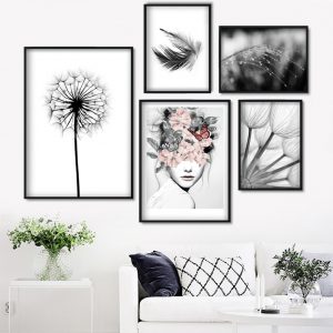 Reed Dandelion Feather Girl Wall Art Canvas Painting Nordic Posters And Prints Black White Wall Pictures For Living Room Decor