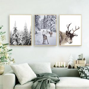Reindeer Poster Print Winter Wall Art Canvas Painting Nordic Christmas Snow Covered Trees Picture Home Decor Scandinavian Art