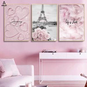 Romantic France Paris Pink Flower Feather Canvas Posters and Prints Girl Scandinavian Love Wall Art Painting Decorative Pictures