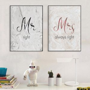 Romantic Mr Mrs Prints Poster Quotes Canvas Painting Couple Wall Art Marble Master Bedroom Decor Wedding Decoration Pictures