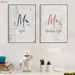 Romantic Mr Mrs Prints Poster Quotes Canvas Painting Couple Wall Art Marble Master Bedroom Decor Wedding Decoration