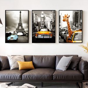 Vintage Car City Giraffe Prints Canvas Paintings Abstract Wall Art Pictures POP Poster for Living Room Home Decorative