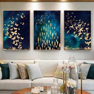 Scandinavian Golden Fish Butterfly Wall Art Canvas Painting 3 Pcs Nordic Posters Prints Room Decoration Wall Pictures Home Decor