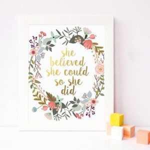 She Believed She Could So She Did Quote Print Nursery Girls Gift Floral Motivational Wall Art Picture Canvas Painting Wall Decor