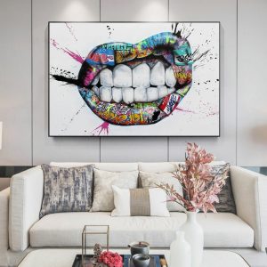 Show Teeth Lips Graffiti Art Canvas Printings Painting Street Kiss Posters and Prints Wall Art Picture for Living Room Bedroom