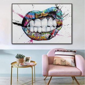 Show Teeth Lips Graffiti Posters and Prints Kiss Wall Art Canvas Painting Street Art Wall Painting for Living Room Decor Picture