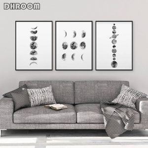 Solar System Wall Art Black and White Moon Phases Canvas Art Prints Minimalist Space Poster Painting for Living Room Home Decor