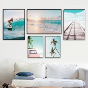 Surfing Girl Bridge Sea Beach Landscape Wall Art Canvas Painting Nordic Posters And Prints Wall Pictures For Living Room Decor