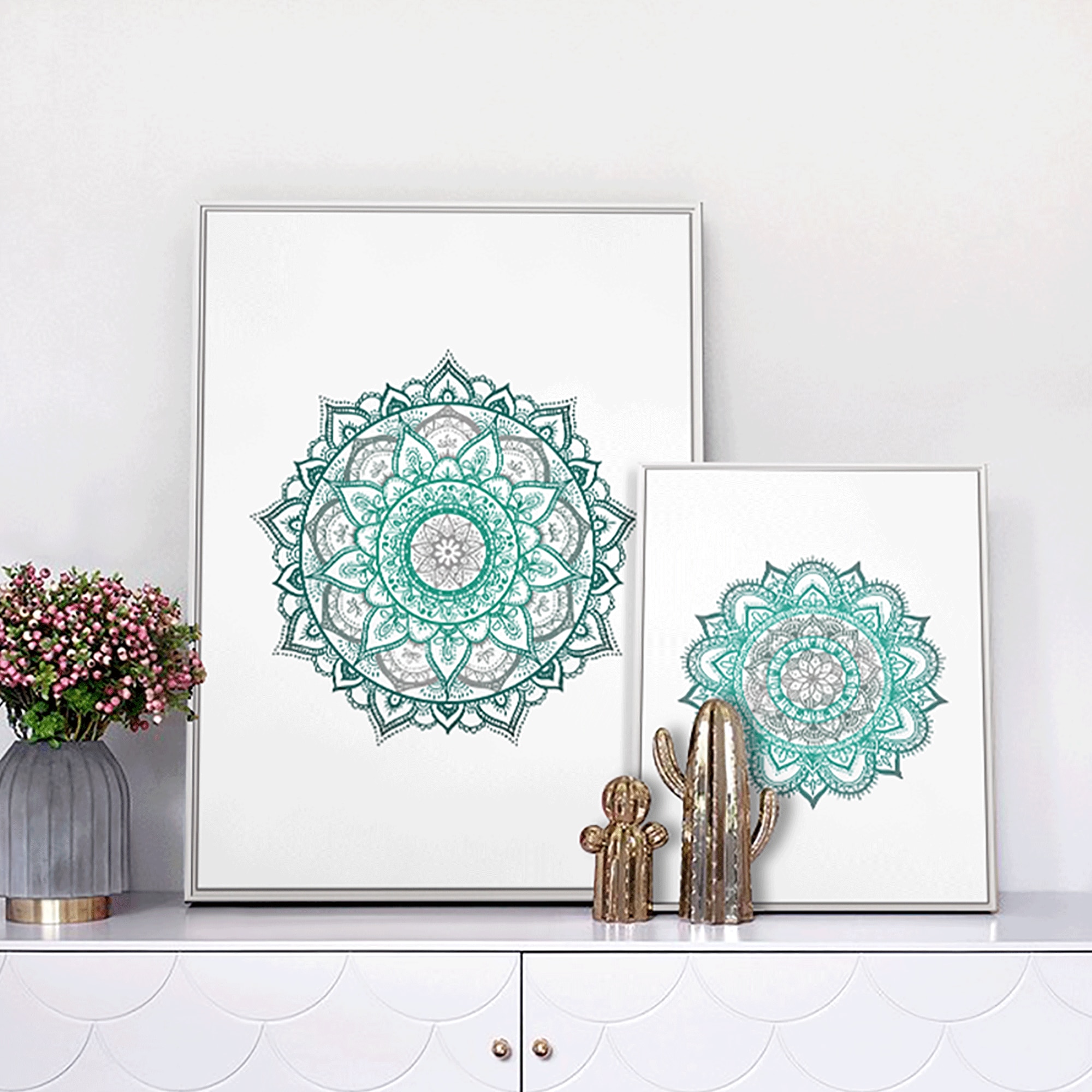 Teal Gray Mandala Wall Art Bohemian Wall Art Canvas painting