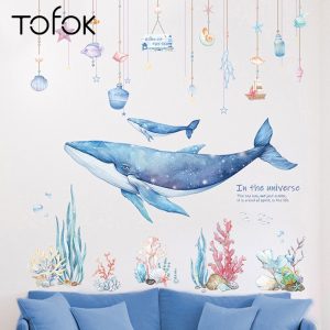 Tofok Ins Marine Whale Coral Wall Sticker DIY Sea World Baby Children Room Bedroom Decor Wallpaper Home Nursery Art Mural Decal