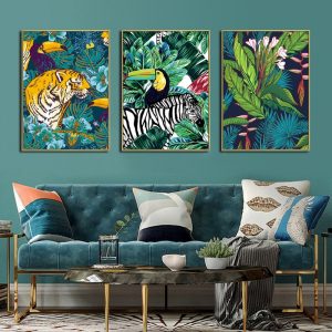 Toucan flamingo tiger forest animal wall art canvas painting nordic poster and prints living room picture wall home decoration