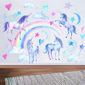 Unicorn wall stickers for kids rooms bedroom living room decorative children wall decals green stickers wallpaper murals decor