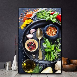 Vegetable Grains Spices Spoon Kitchen Canvas Painting Wall Art Pictures Painting Wall Art for Living Room Home Decor (No Frame)