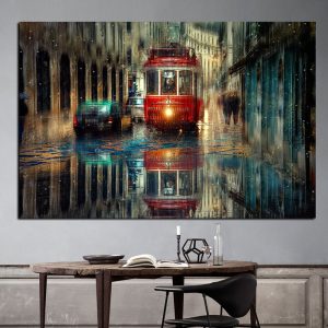 Vintage Bus Canvas Painting People and Cars on The Street In Rainy Day Posters and Prints Wall Art Picture for Living Room Decor