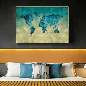 Vintage Blue Tortoise Shell Pattern World Map Canvas Painting Poster and Prints Cuadros Wall Art Pictures for Living Room Decor