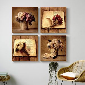 Vintage Flower Book Office Home Decor Nordic Canvas Poster Wall Art Print Living Room Bedroom Picture Retro American Painting
