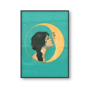 Vintage Girl Kissing Moon Canvas Art Print Man In The Moon Art Decor Antique Moon Face Wall Art Poster Picture Canvas Painting