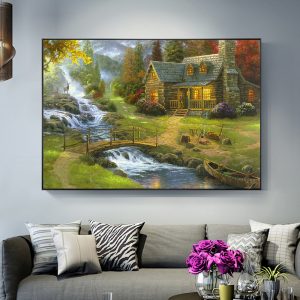 Vintage Landscape Art Village Family Canvas Painting Posters and Prints Wall Art for Living Room Home Decor (No Frame)