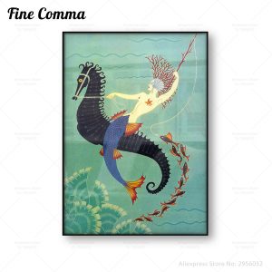Vintage Poster Mermaid Wall Art Canvas Print Seahorse Canvas Painting Water by Erte Bathroom Wall Art Ocean Home Decor Picture