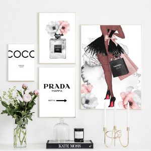 Vogue Poster Perfume Abstract Painting Quotes Perfume Bottle Wall Art Canvas Prints Pink Peony Posters Wall Pictures Home Decor
