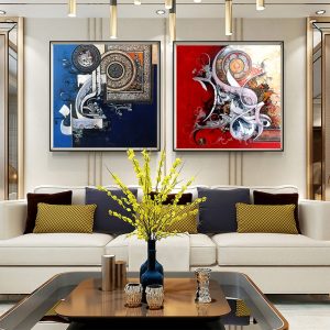 WANGART Islamic Canvas Art Round Red Oil Painting Arabic Calligraphy Canvas Art Prints  Wall Pictures Living Room Home Decor