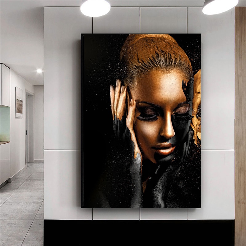 Modern Print Painting African Picture Canvas Wall Art Poster Black Gold Woman