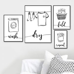 Wall Art Print Canvas Painting Nordic Poster Wash Dry Fold Repeat Laundry Sign Black White Pictures Bathroom Home Decor Modular