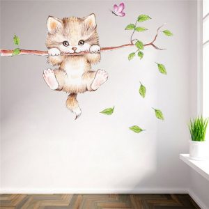 cute cat butterfly tree branch wall stickers for kids rooms home decoration cartoon animal wall decals diy posters pvc mural art