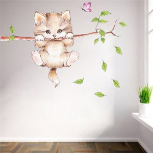 cute cat butterfly tree branch wall stickers for kids rooms home decoration cartoon animal wall decals diy posters pvc mural art