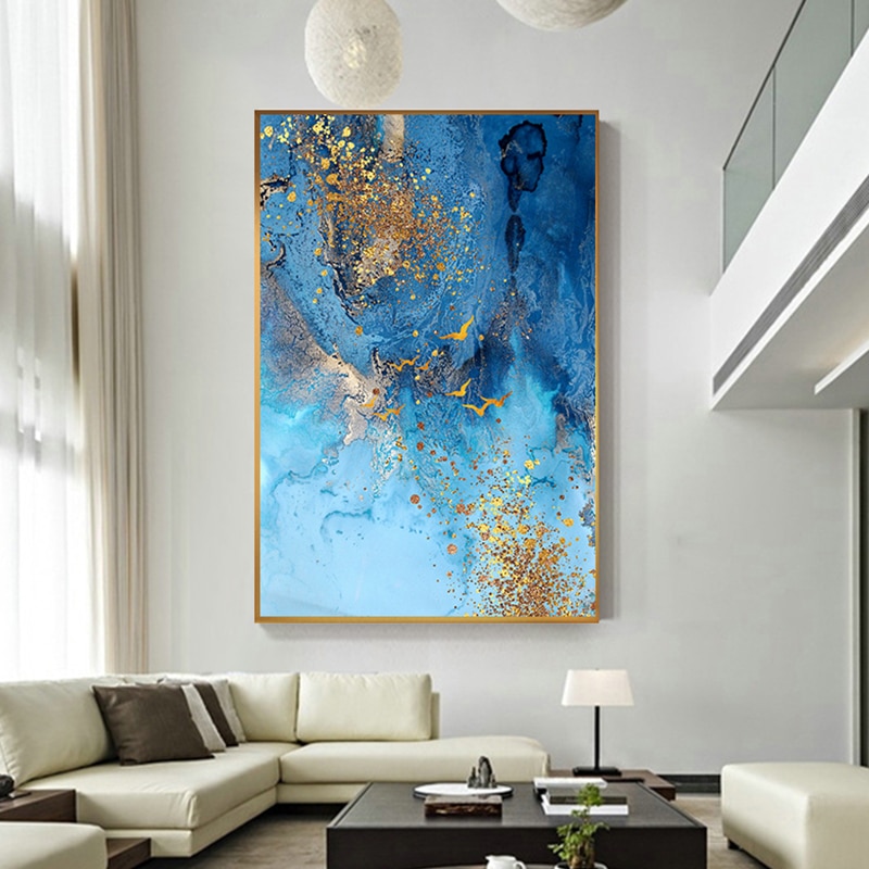Modern Abstract Golden Foil Canvas Painting Blue Print Poster Big Wall Art Picture For Living Room Nordic Tableaux Decor - Big Wall Art For Living Room