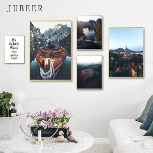 nordic style poster  Mountain wall pictures for living room  lake boat canvas painting Inspirational quotes posters and prints