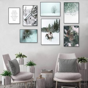 Unframed Deer Pine Forest Tree Snow Sence Winter Wall Art Canvas Painting Posters and Prints Bedroom Living Room Deco (No Frame)