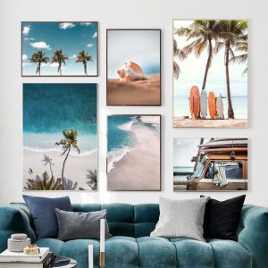 Blue Sea Beach Coconut Tree Van Surfboard Wall Art Canvas Painting Nordic Posters And Prints Wall Pictures For Living Room Decor