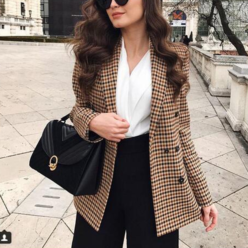 Professional Suit Jackets for Women Fashion Plaid Print Jacket Long Sleeve Lapel Collar Double Breasted Blazer Jacket 