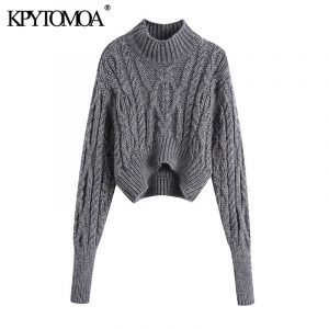 Women 2020 Fashion Asymmetric Cropped Cable-knit Sweater Vintage High Neck Lantern Sleeve Female Pullovers Chic Tops