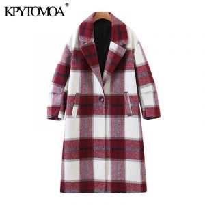 Women 2020 Fashion Single Breasted Plaid Woolen Coat Vintage Long Sleeve Pockets Female Outerwear Chic Overcoat
