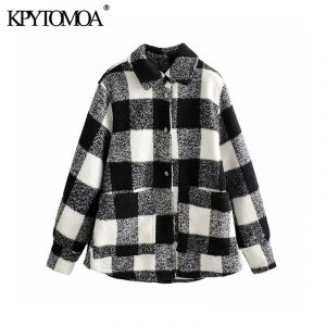 Vintage Stylish Pockets Plaid Loose Woolen Jacket Coat Women 2020 Fashion Lapel Collar Long Sleeve Female Outerwear Chic Tops