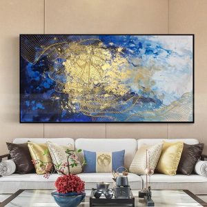 Wall art pictures handmade painting on canvas gold lines blue picture gold art acrylic texture decorative abstract wall painting