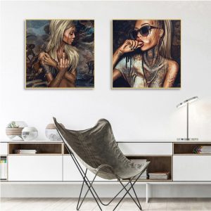 Abstract Cool Sexy Girl Tattoo Canvas Painting Wear Glasses Sexy Women Portrait Posters Wall Art Pictures for Living Room Decor