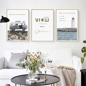 Bus Lighthouse Ocean Landscape Wall Art Canvas Painting Quotes Nordic Art Posters and Prints Wall Pictures Decor for Living Room