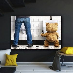 Modern Humor Canvas Painting Funny Teddy Bear Man in Toilet Poster Hd Print Wall Art Picture for Bathroom Living Room Decoration