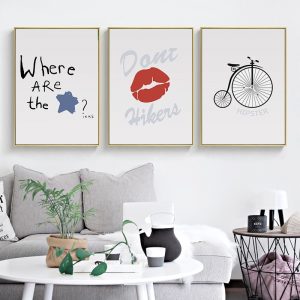 Modern Minimalist Red Lip Wall Art Canvas Painting Abstract Bicycle Black White Poster Print Picture for Living Room Home Decor